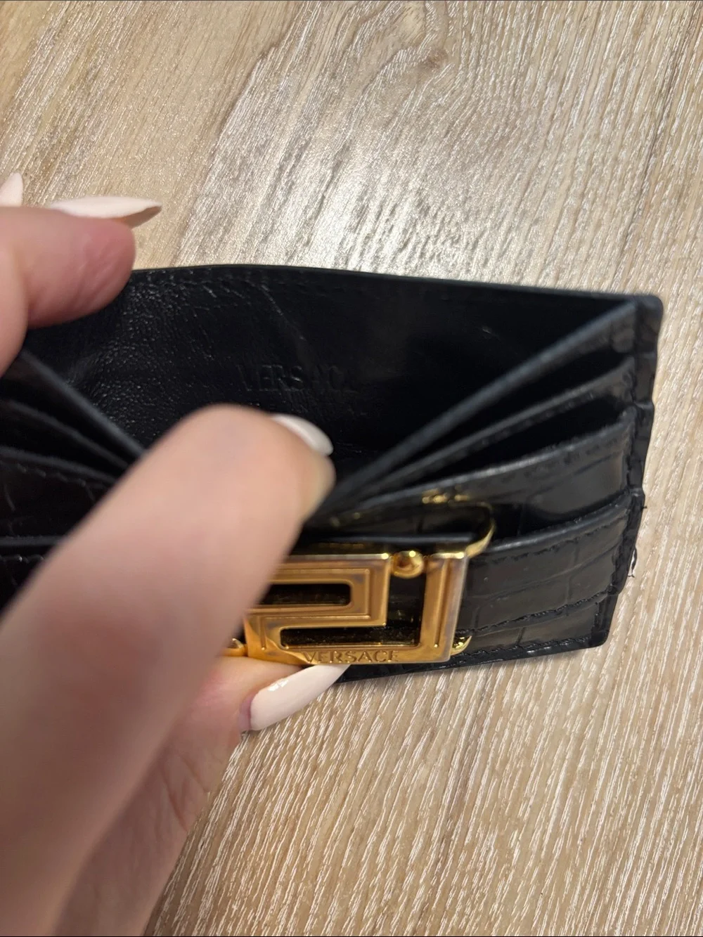 Versace Black Croc-Embossed Card Holder with Gold Medusa Buckle